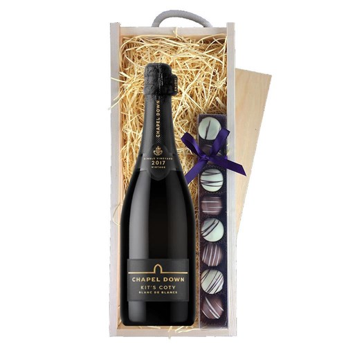 Chapel Down Kits Coty Blanc de Blancs 2017 Vintage English Sparkling 75cl & Truffles, Wooden Box